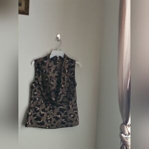 Ann Taylor Blouse Women 8P Black and Brown Mandarin Collar Top Office Church Y2K